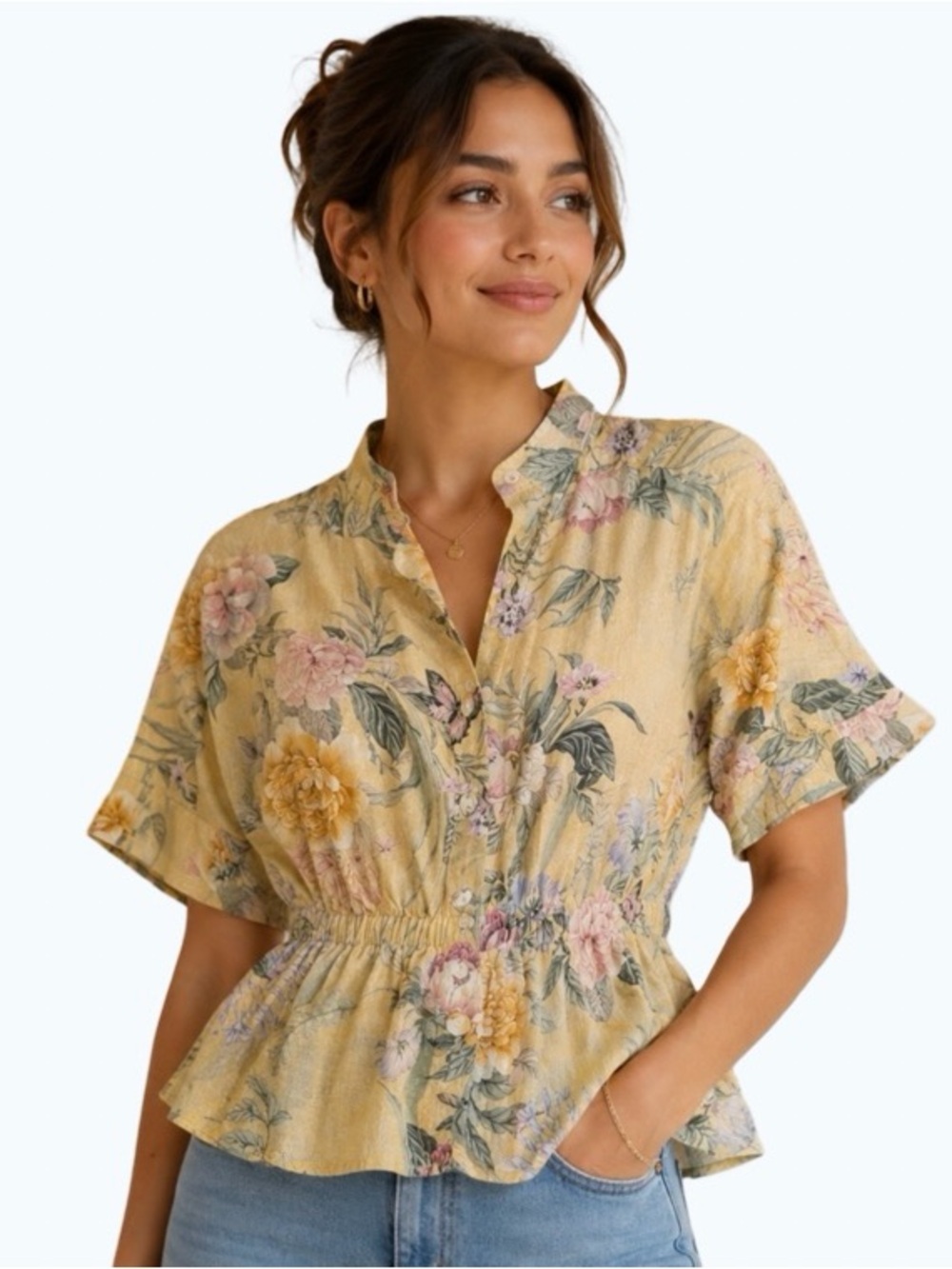 Studio F Buttery Yellow  Floral Linen Blend Grandmothercore Blouse Size  XS
